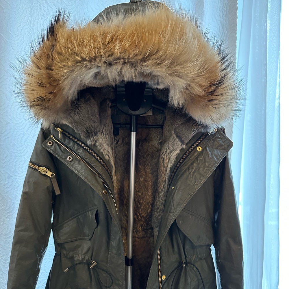 SAM NYC Parka Large Fur Hood Quilt Lined Coat Army Green sz S